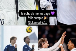 罗德里戈社媒晒多张合影为莫德里奇庆生：想你了，爸爸